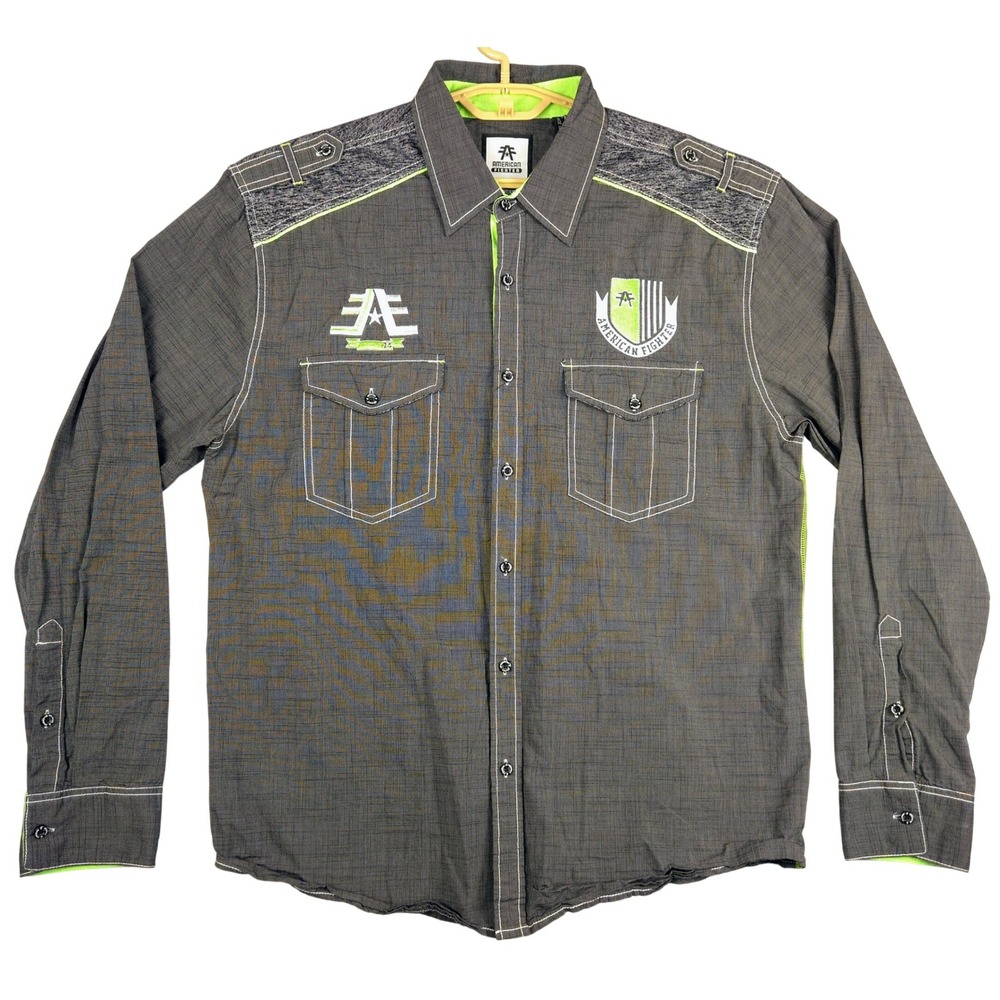 American Fighter Men's Gray Long Sleeve Button Up Shirt Premium Athletics 2XL